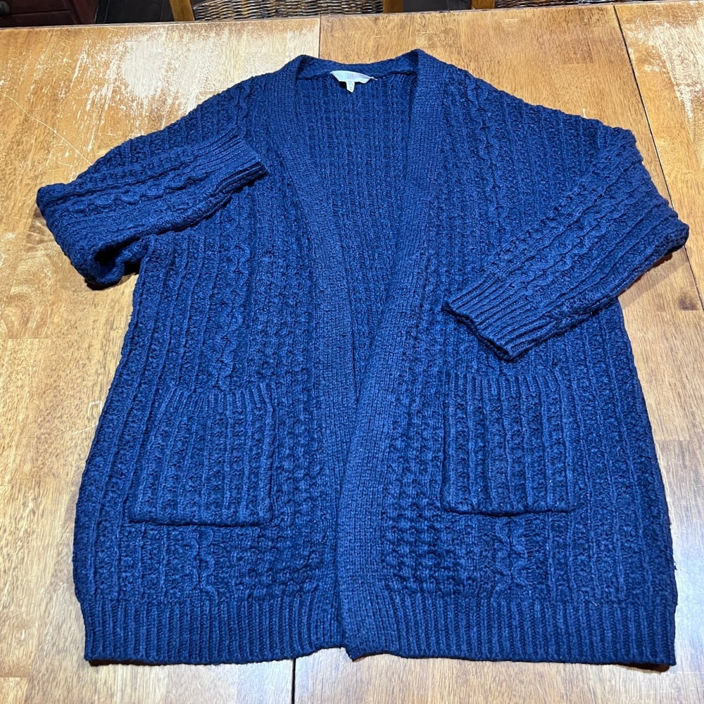 Navy Blue Cable Knit Open Front Cardigan Cozy Sweater Womens XL Pockets